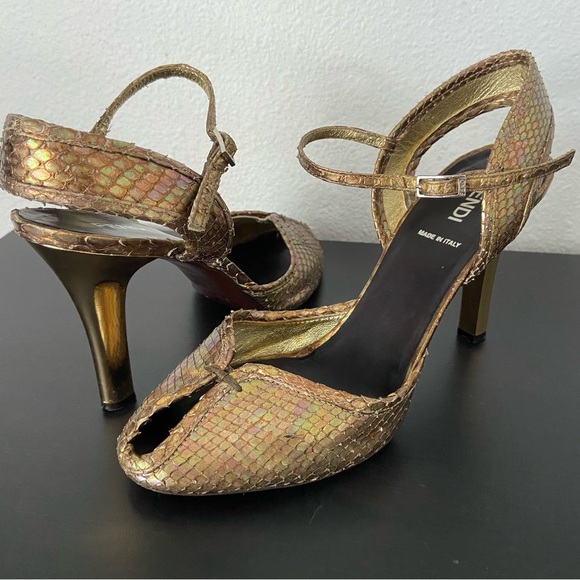 Fendi Leather Snakeskin Gold Heels Ankle Strap Sandals - Picture 1 of 15